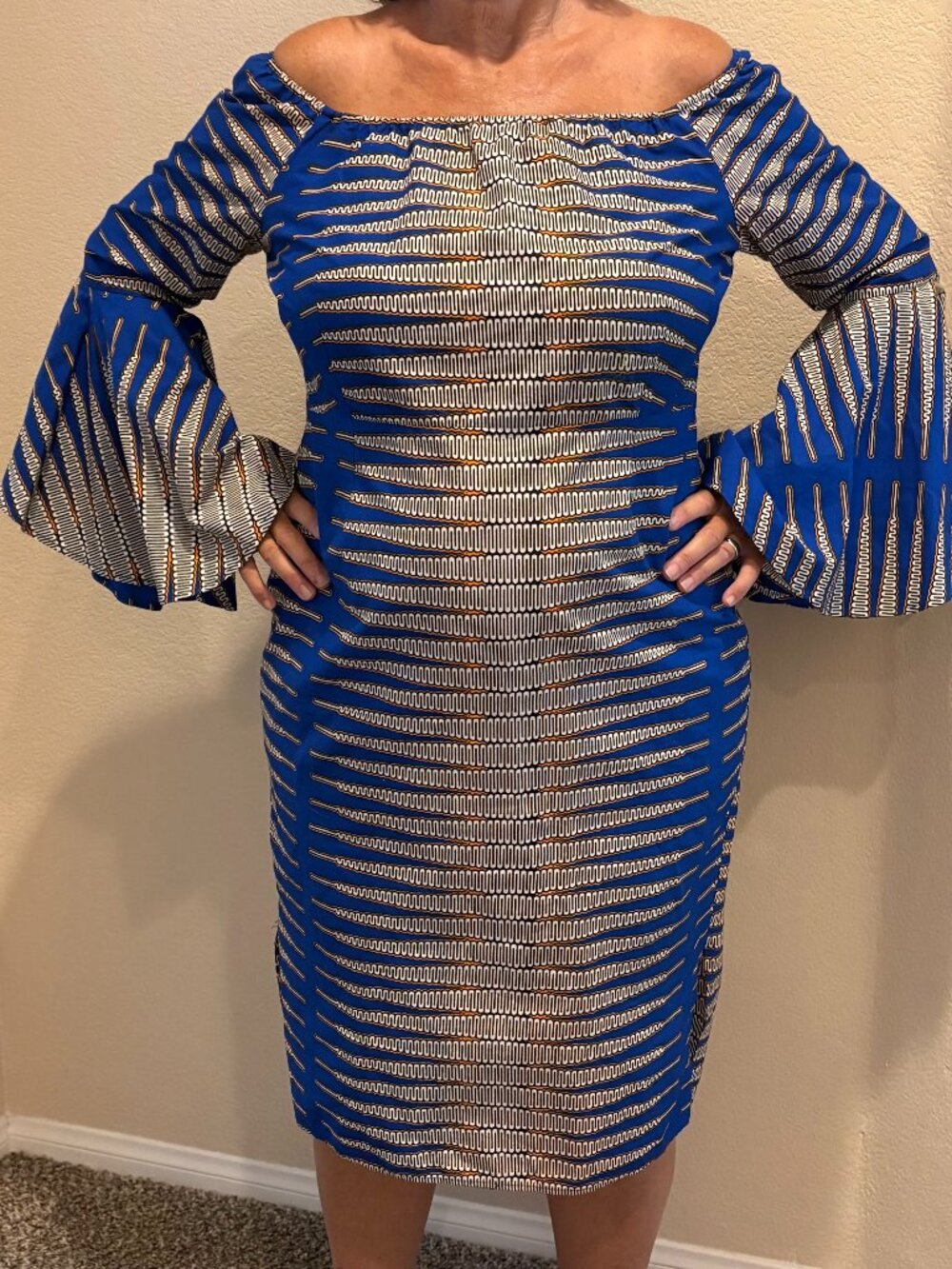 Blue Off Shoulder Bell Sleeve Dress XL Graphic Print Sheath Midi Statement Dress